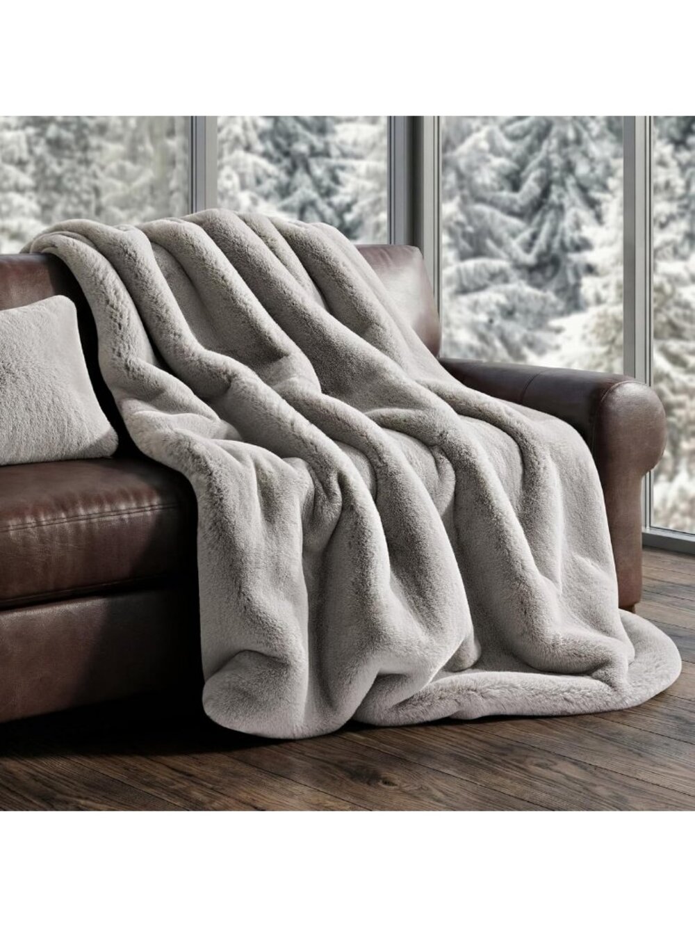 Cozy Faux Chinchilla Fur Throw Blanket, 50"x60", Soft Silver Taupe for Home